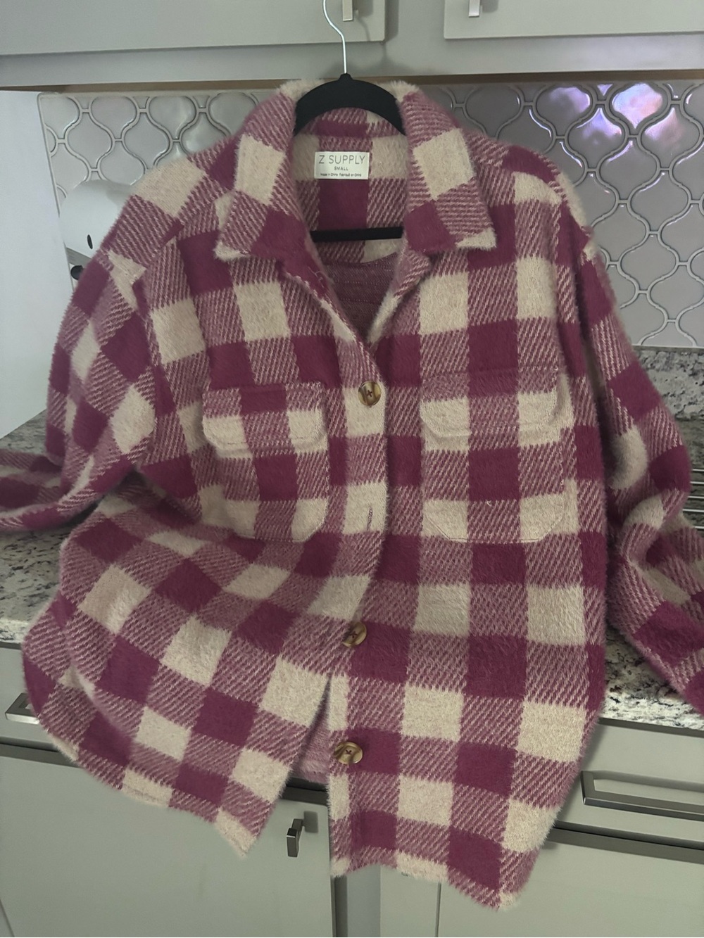 Z Supply Pink and Cream Checkered Button-Down Shacket